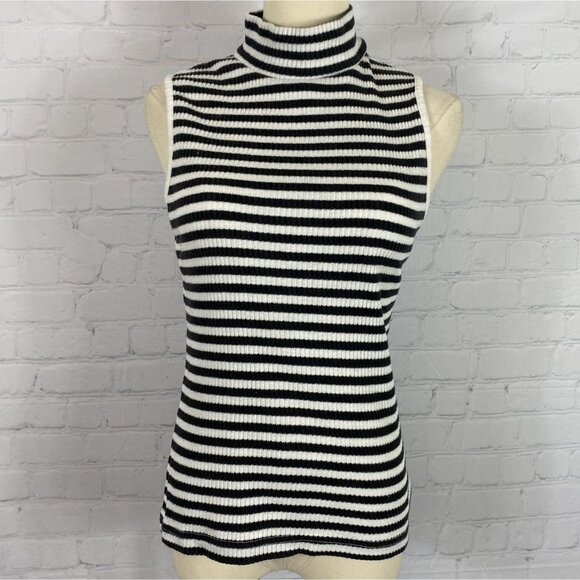 Expressions Tops - Vintage Expressions M White Black Stripe Ribbed Mock Neck Tank Top Sweater